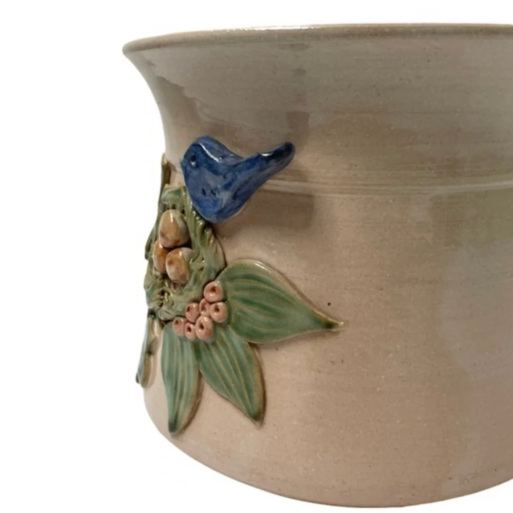 Hand Crafted Pottery Artisan Handmade Adornments Bird Nest Floral Ivy Blue Green
